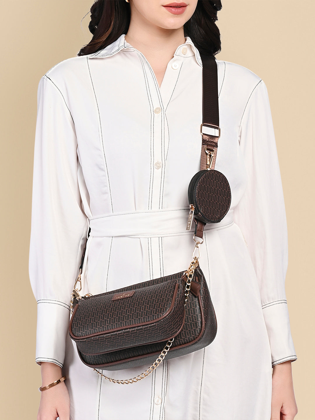 Lavie Luxe Monogram Chunk 3pc Choco Small Women's Sling