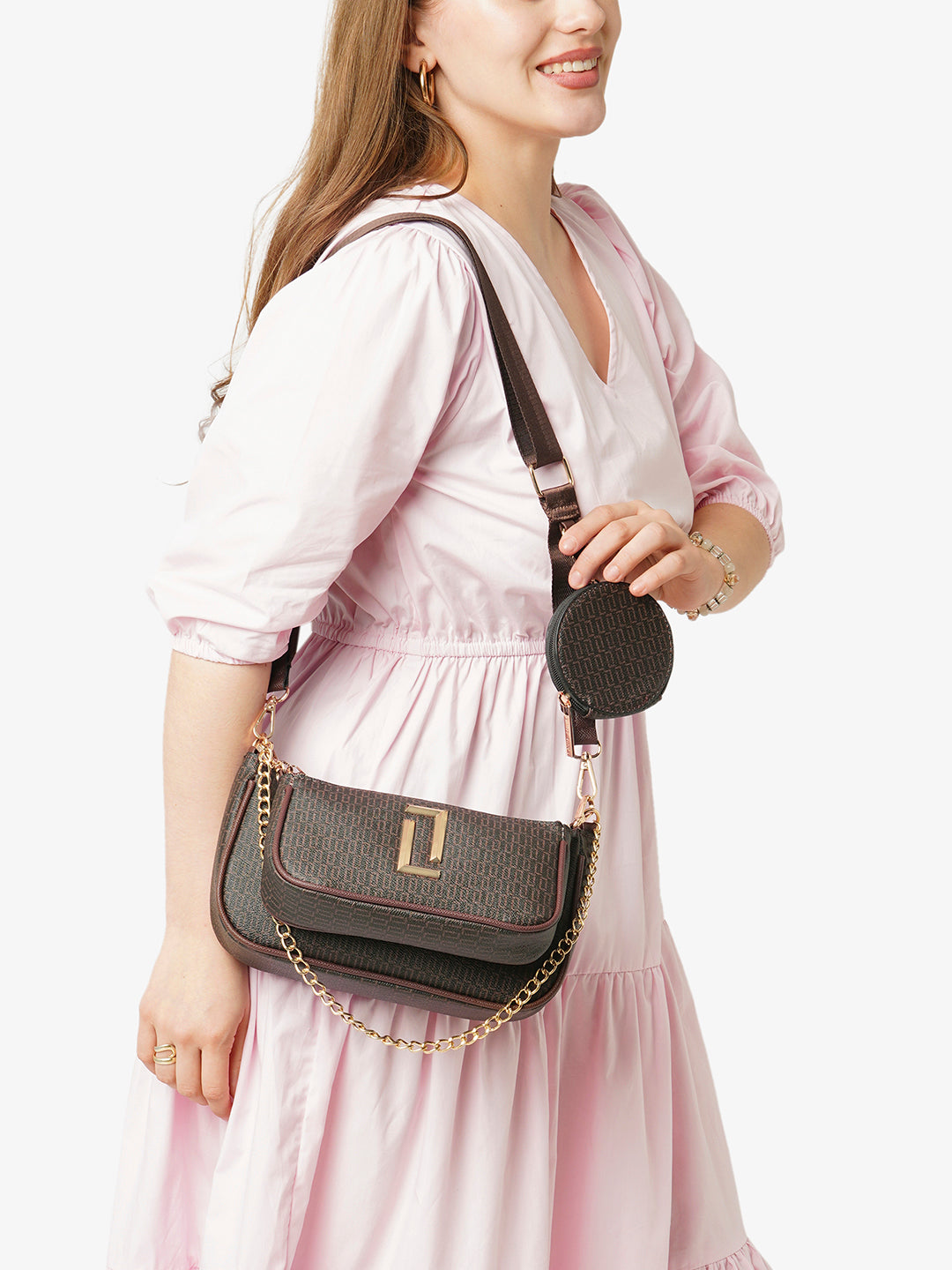 Lavie Luxe Monogram Chunk24 3Pc Choco Small Women's Sling