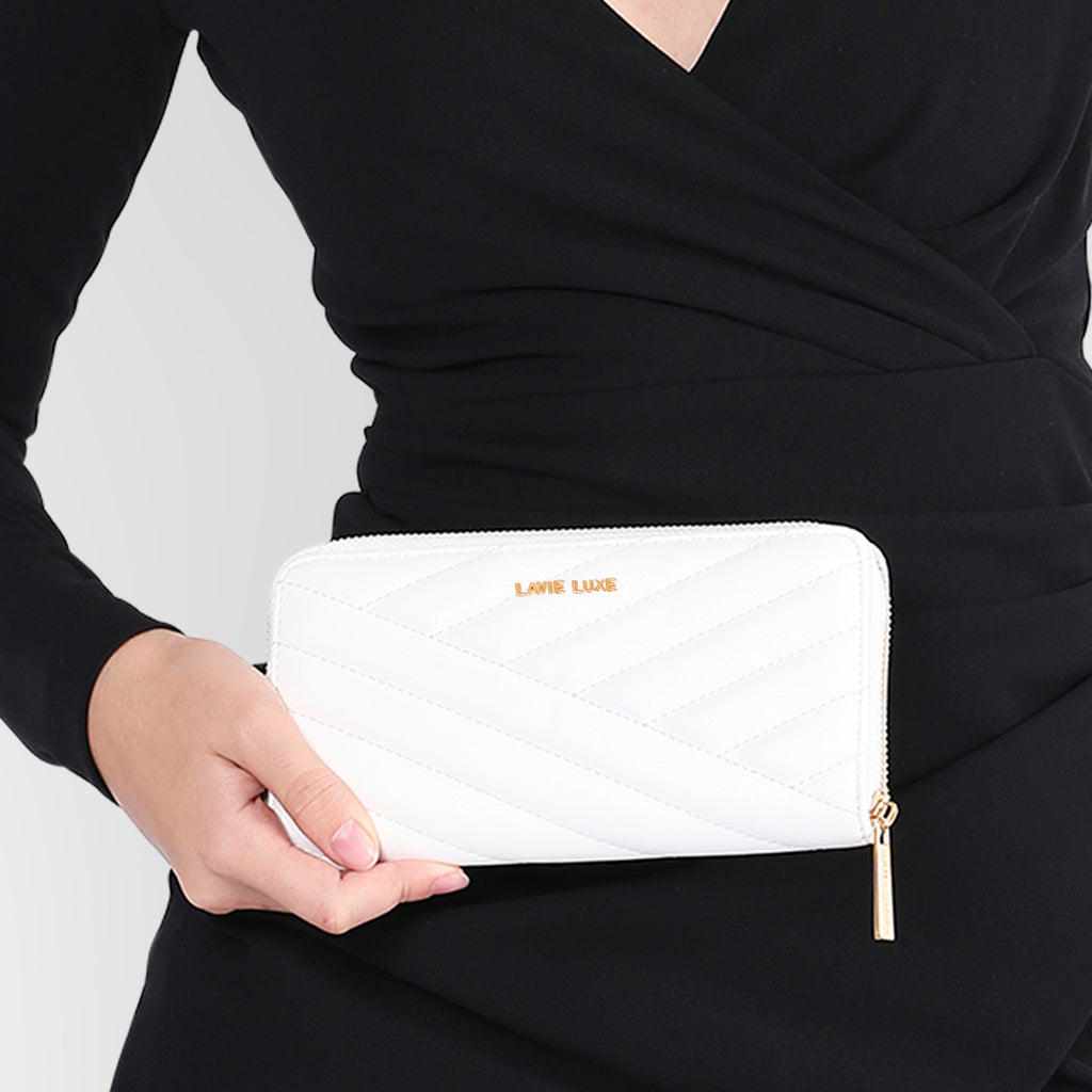 Lavie Luxe White Large Women's Cross Quilt Zip Around Wallet
