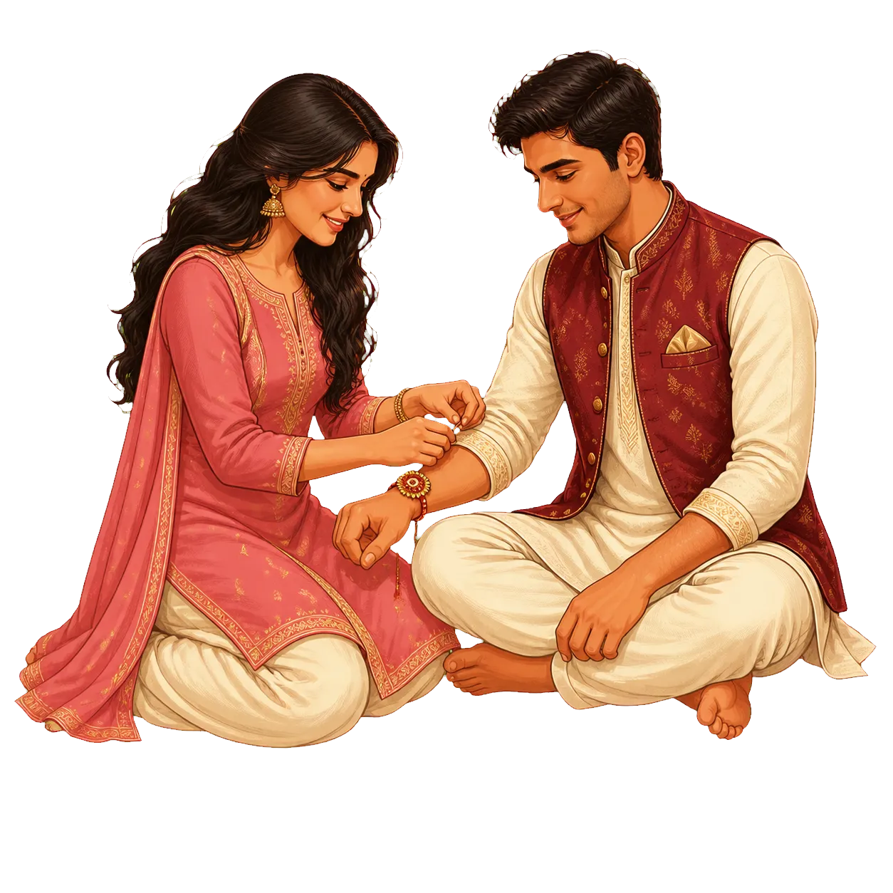 A sister tying a rakhi on her brother's wrist