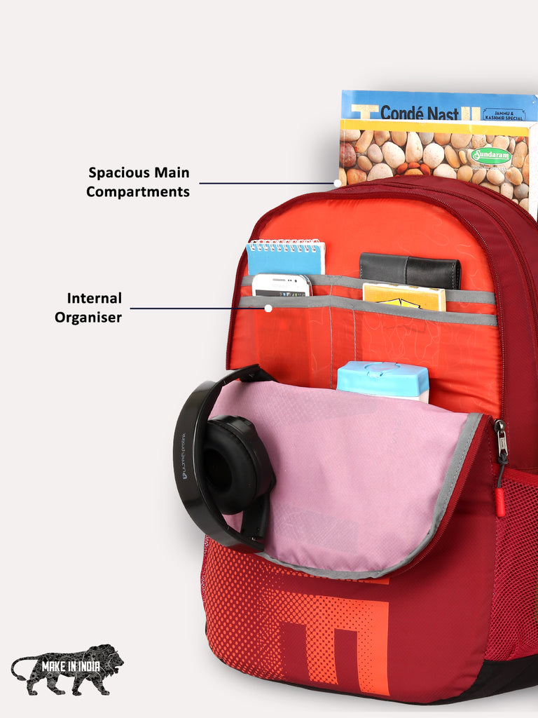 Lavie Sport Hype-1 36 litres Casual Backpack | School College Bag For Boys & Girls Red - Lavie World