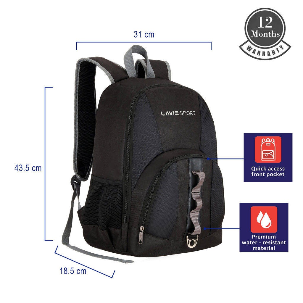 Lavie Sport Camo 25 Litres Laptop Backpack For Mens And Womens | School College Bag For Boys & Girls Black - Lavie World
