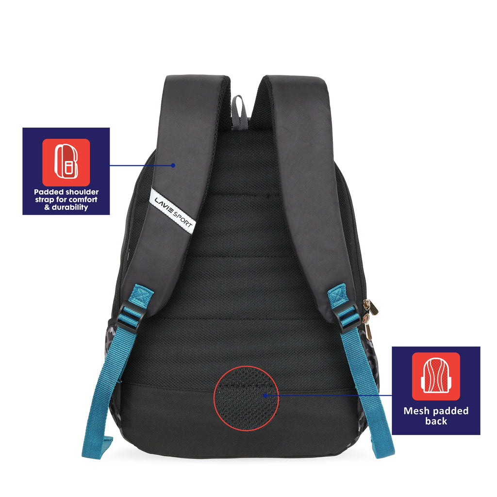 Lavie Sport Leopard Lt 27 Litres Laptop Backpack | School College Bag For Boys & Girls Black - Lavie World