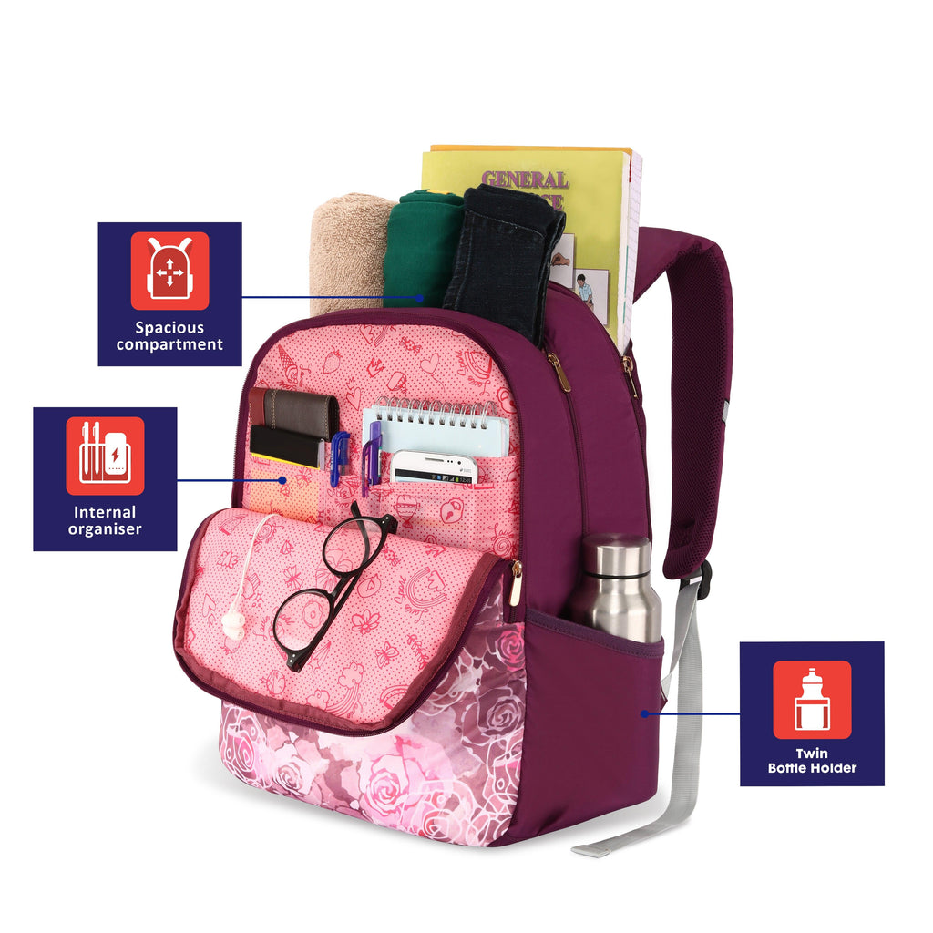Lavie Sport Rose - 17.5" 26 Litres Casual Backpack | School College Bag For Boys & Girls Purple - Lavie World