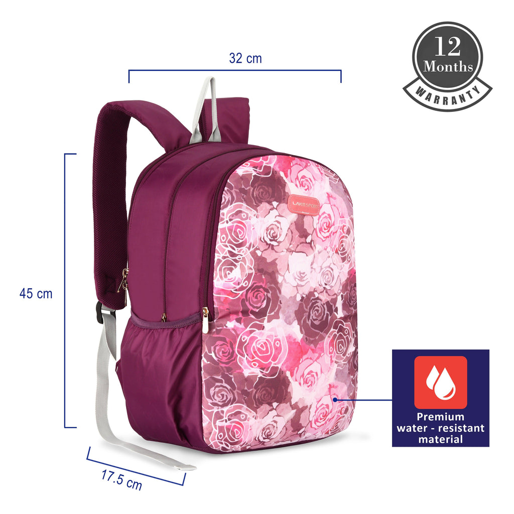 Lavie Sport Rose - 17.5" 26 Litres Casual Backpack | School College Bag For Boys & Girls Purple - Lavie World