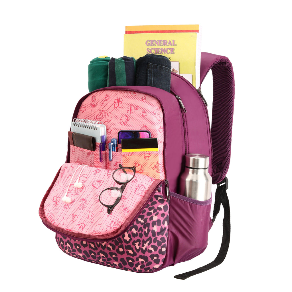 Lavie Sport Leopard - 17.5" 26 Litres Casual Backpack | School College Bag For Boys & Girls Purple - Lavie World