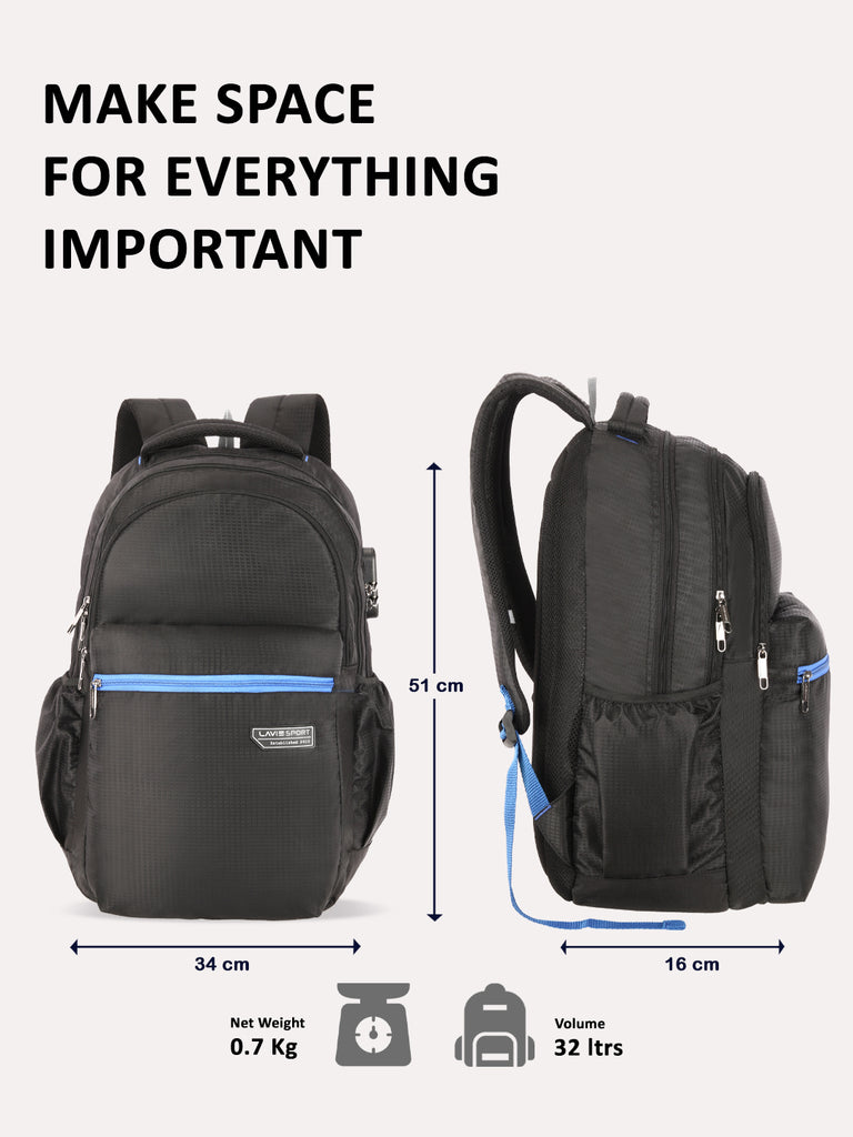 Lavie Sport Maxis 32L Laptop Backpack For Men & Women Black - Lavie World