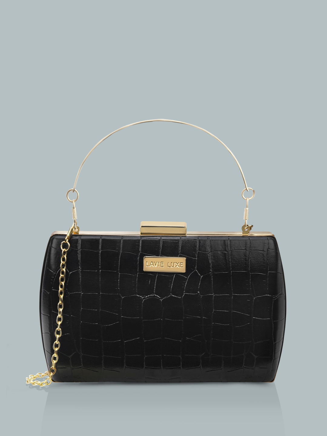 Lavie Luxe Glossy Dino Women's Frame Clutch Purse Large Black