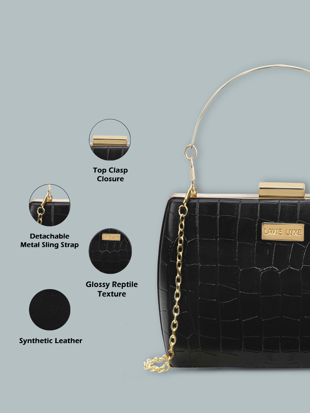 Lavie Luxe Glossy Dino Women's Frame Clutch Purse Large Black
