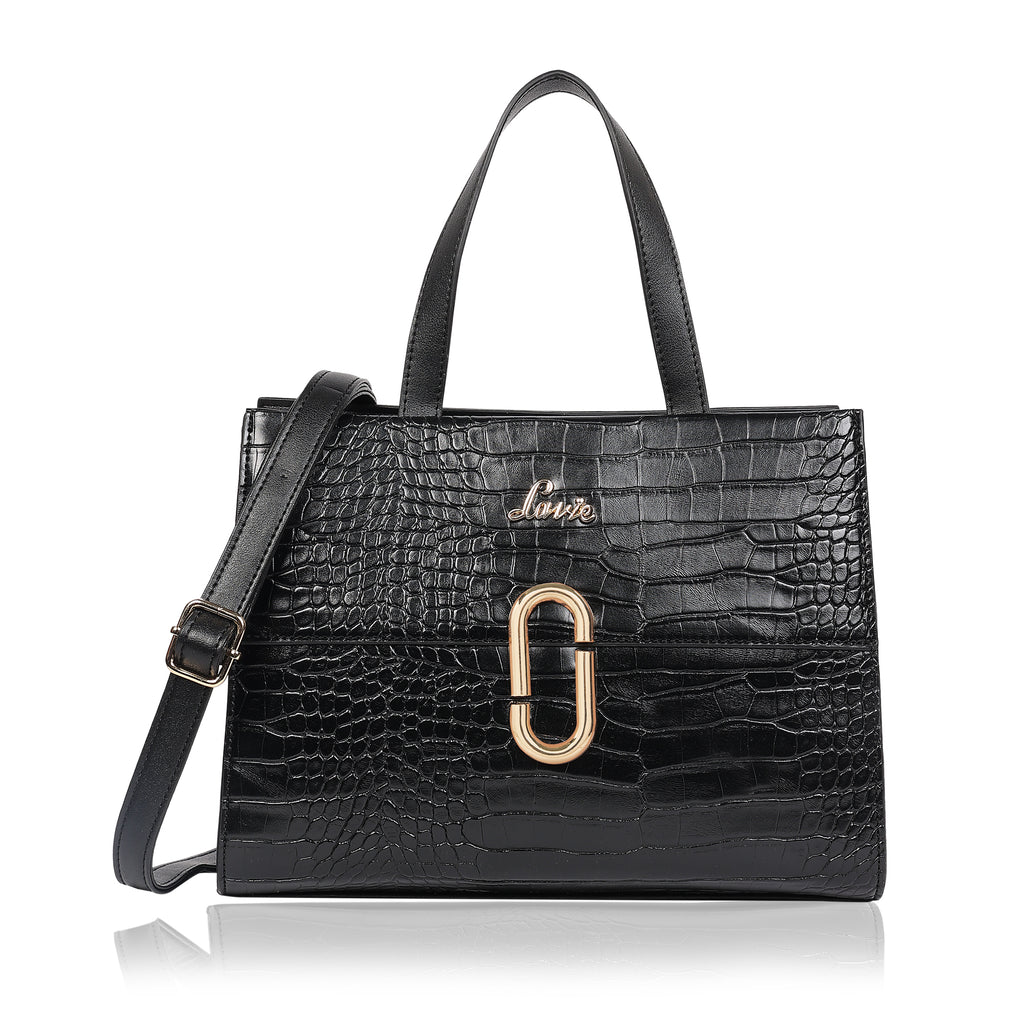 Lavie Glossy Croc Satchel Bag For Women Medium Black