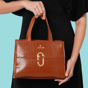 Lavie Glossy Croc Satchel Bag For Women Medium Tan