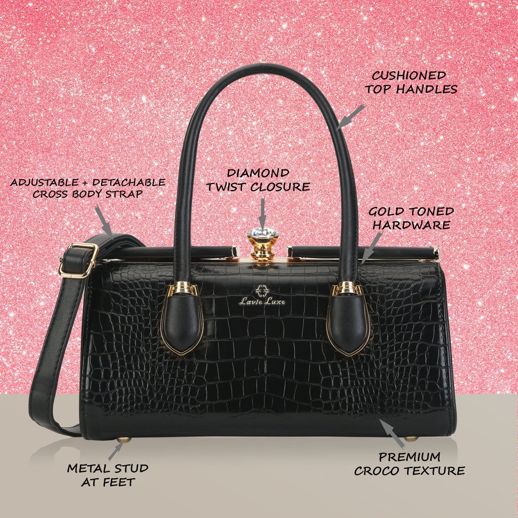 Lavie Luxe Dazzle Women's Frame Satchel Bag Medium Black
