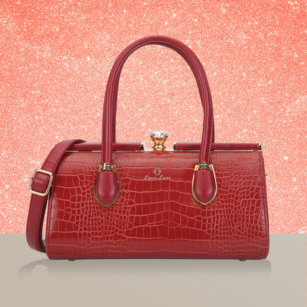 Lavie Luxe Dazzle Women's Frame Satchel Bag Medium Dark Red