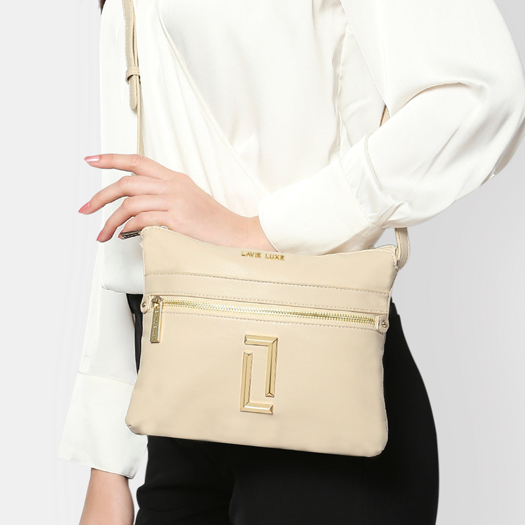 Lavie Luxe Trapez Women's Satchel Bag Medium Off White